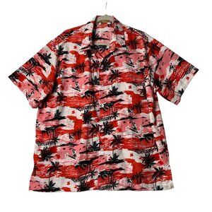 Han Ton Hawaiian Shirt Men Size XL Button Front Cotton Blend Palm Trees Red FLAW